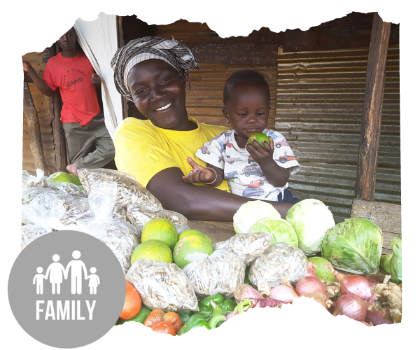 Ugandan mother an child behind a vegetable stall. The mother is smiling and wearing a bright yellow T-shirt, there is an icon attached to the image which represents 'family'. 