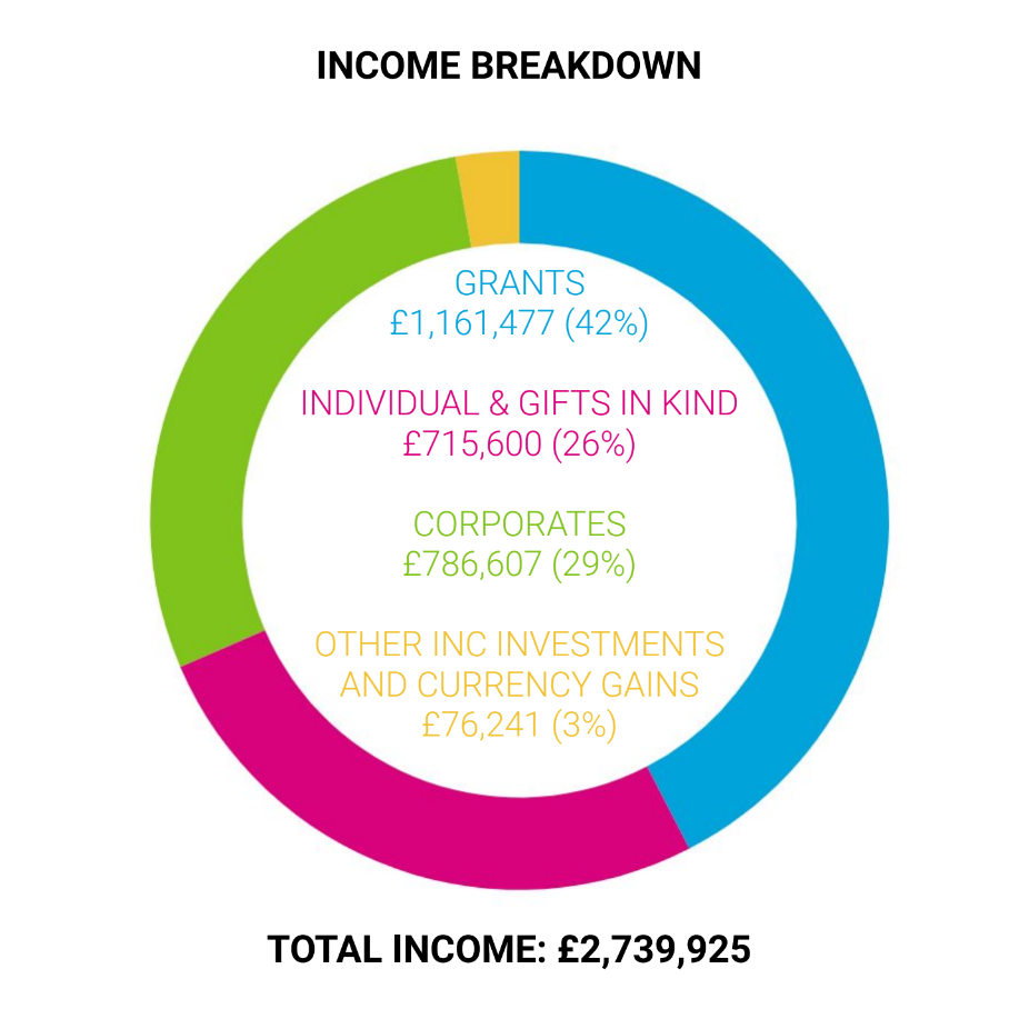 Income breakdown pie chart - grants 42%, individual gifts in kind 26%, corporates 29%, other investments and currency gains 3%