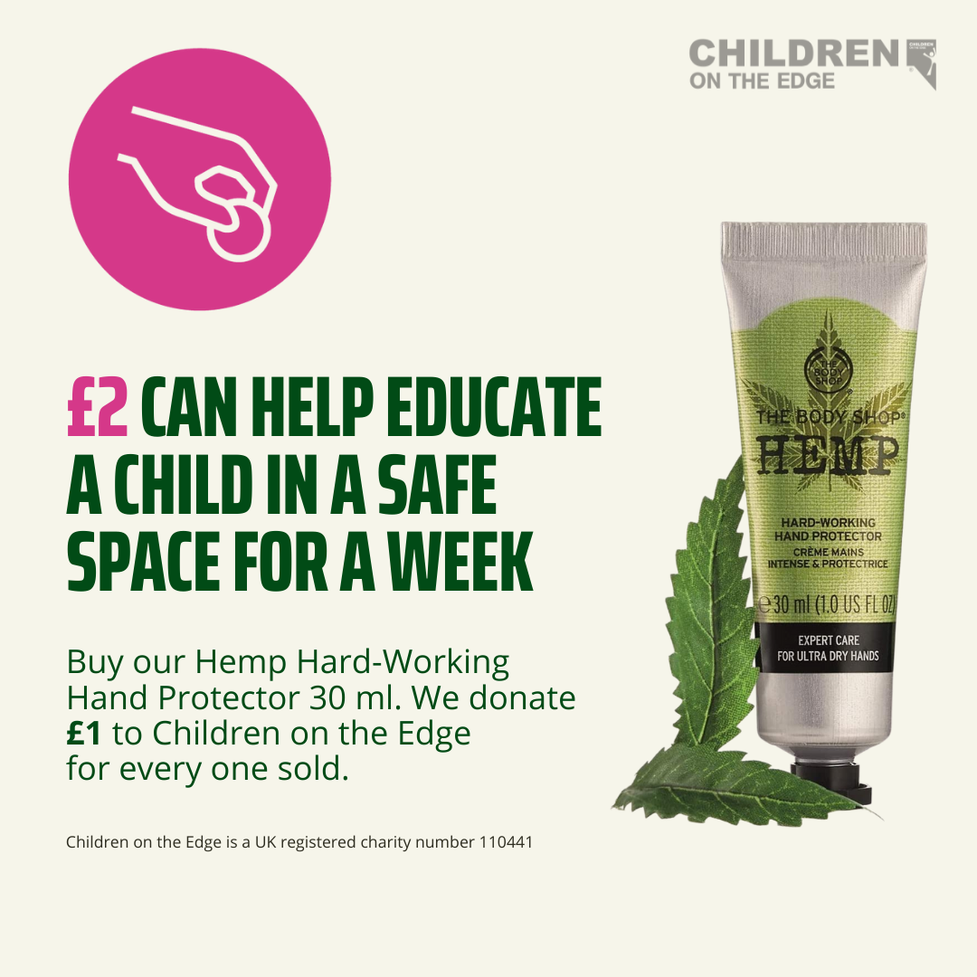  A tube of hemp hand cream and the words £2 can help educate a child in a safe space for a week. Buy our hemp hard-working hand protector 30 ml. We donate £1 to Children on the Edge for everyone sold. 