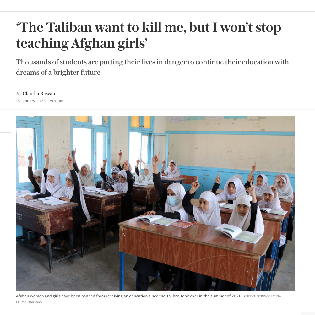 The Telegraph - 'The taliban want to kill me but I won't stop teaching Afghan girls'