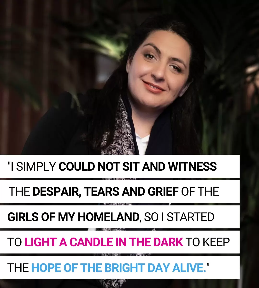 Angela Ghayour an Afghan woman with jet black hair with the quote 