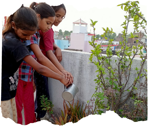 Three teenage Indian girls are holding a watering can and watering some potted plants on a balcony