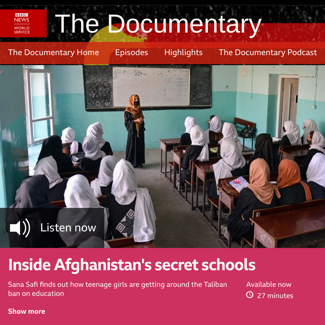 BBC World Service title page for programme - 'Afghanistan's Secret Schools'