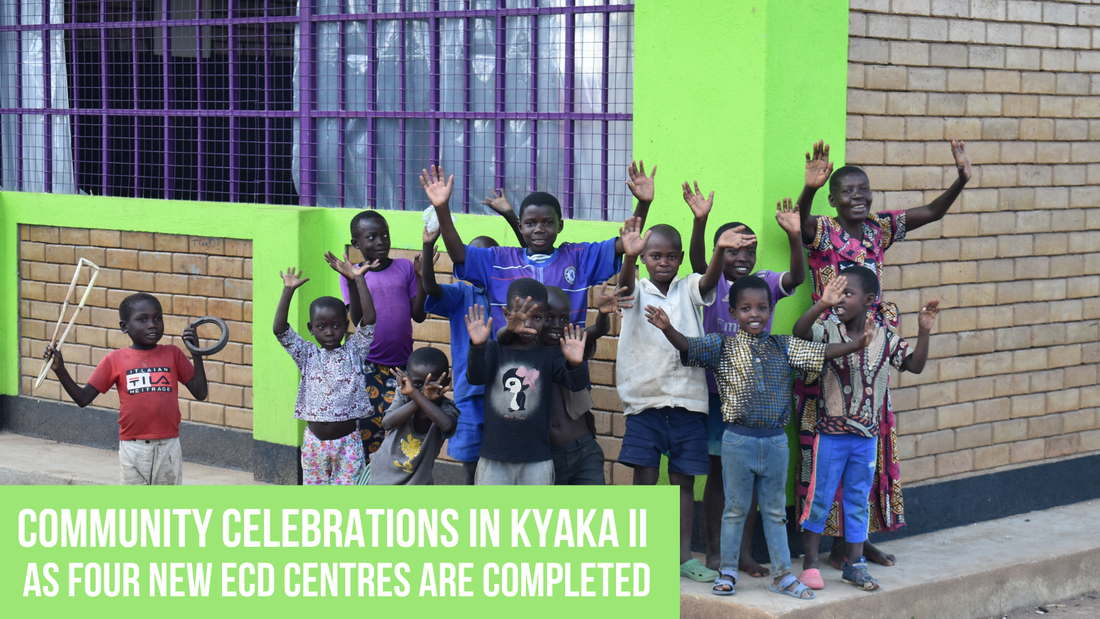 Children celebrating outside a new ECD centre in Kyaka II