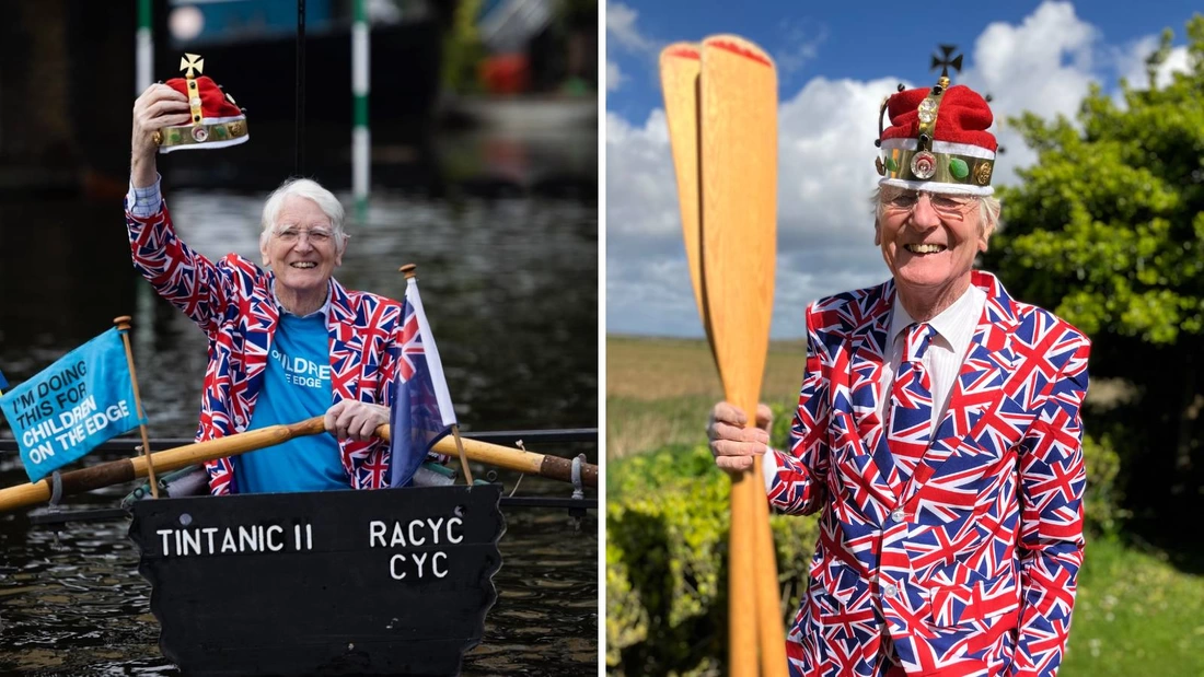 Major Mick wearing his Union Jack suit and wearing a homemade crown for the coronation celebrations