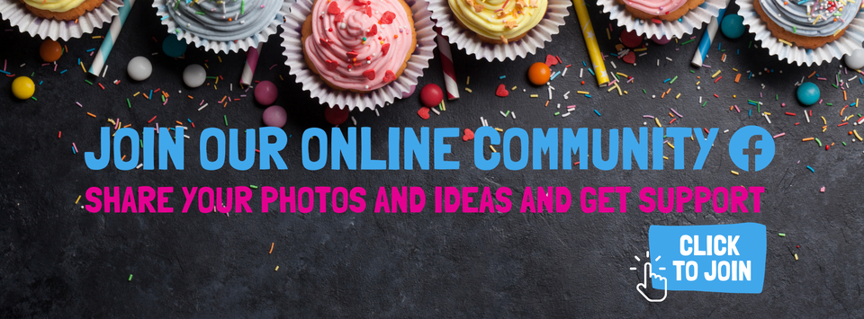 Image of a line of cupcakes with the words 'Join our online community - share your photos and ideas and get support' The image is clickable and links to a Facebook support group for those hosting baking events. 