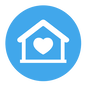 Blue icon of a small shelter with a heart in the centre.