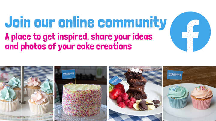 Image of a line of cupcakes with the words 'Join our online community - share your photos and ideas and get support' The image is clickable and links to a Facebook support group for those hosting baking events. 