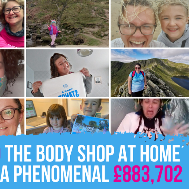 A collage of images showing women and children from the Body Shop At Home undertaking various fundraising challenge. Text at the bottom reads 'The Body Shop at Home raise a phenomenal £883,702. You can click on the image to read the blog post. 