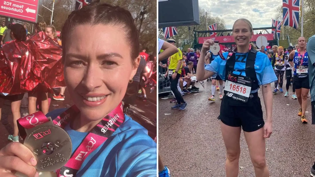 Kelly (left) and Lizzie (right) holding their medals on the finish line of the 2023 London Marathon