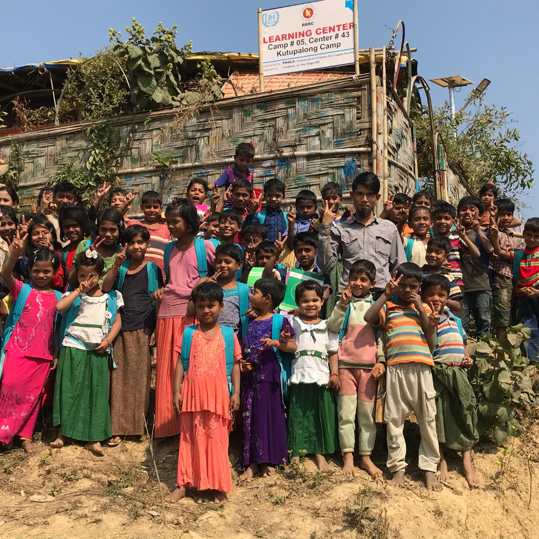 Children standing outside a classroom in Kutupalong refugee camp