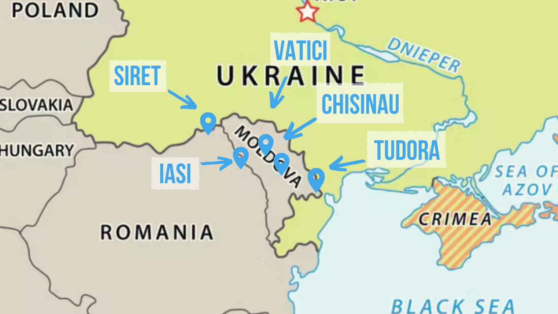 A map of Romania and Moldova showing 5 locations - Siret and Iasi in Romania and Tudora, Chisinau and Vatici in Moldova