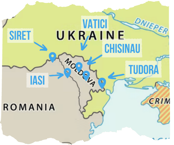 Map showing Siret and Iasi in Romania and Vatici, Chisinau and Tudora in Moldova