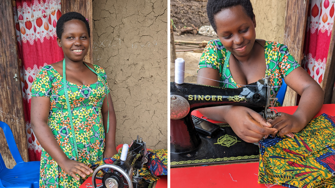 Martha, smiling with her sewing machine