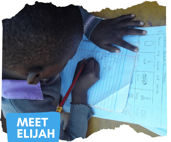 Four year old Ugandan boy Elijah is practicing his writing. Some words read 'Meet Elijah'.