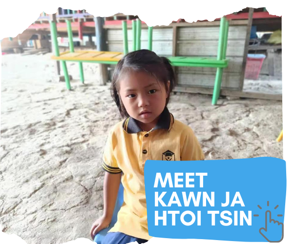 A young Kachin girl in a yellow tshirt - text reads 'meet Kawn Ja Htoi Tsin' with clickable button