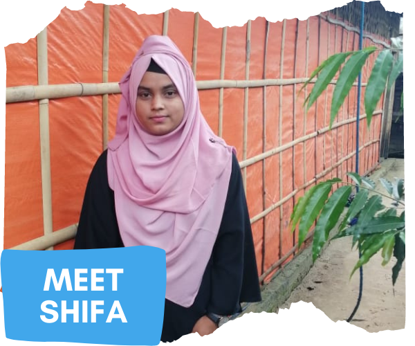 Young Bangladesh woman wearing black dress and pink headscarf, standing in front of a classroom structure made of bamboo and orange tarpaulin. There are green plants to the right of her and a caption reads 'Meet Shifa'