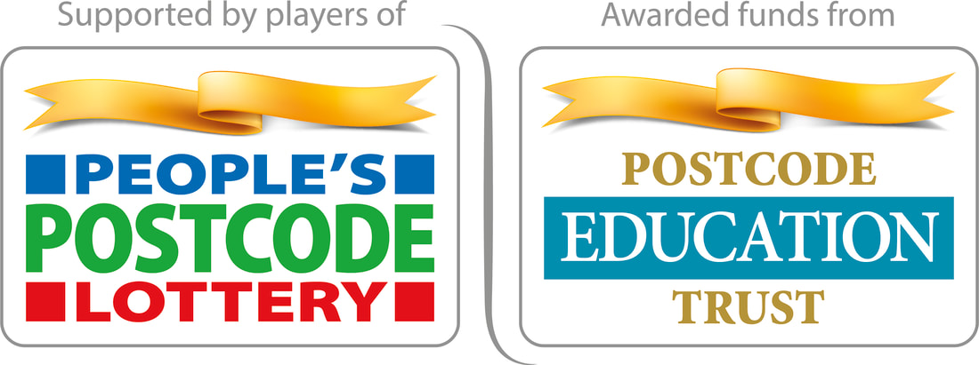 Logo with text: Supported by the players of People's postcode Lottery / Awarded funds from Postcode Education Trust
