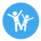 Blue icon of two children with their hands in the air. 