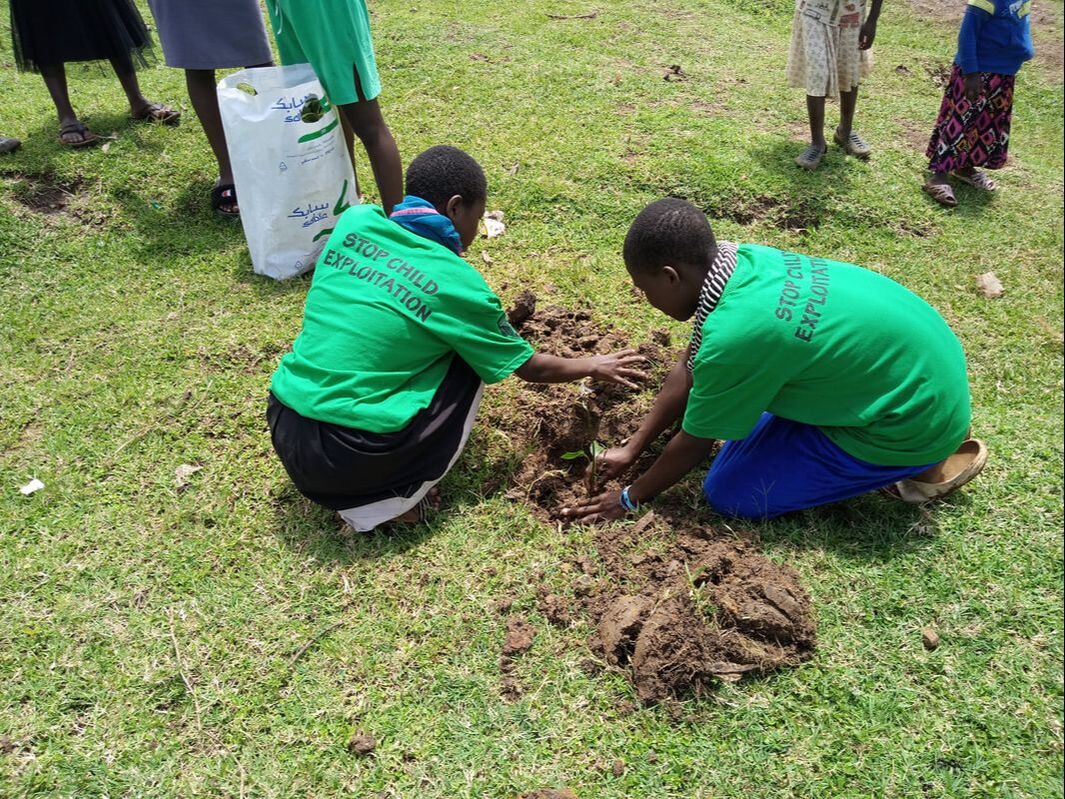 Two Ugandan children planting a tree sapling in the ground.