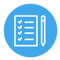 Blue icon of a checklist with ticks next to the text and a pencil on the right of the checklist