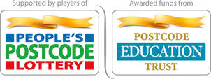 An image showing the logo for the people's postcode lottery. It says supported by the players of people's postcode lottery in coloured writing on the left and awarded funds from Postcode Education Trust on the right in gold writing