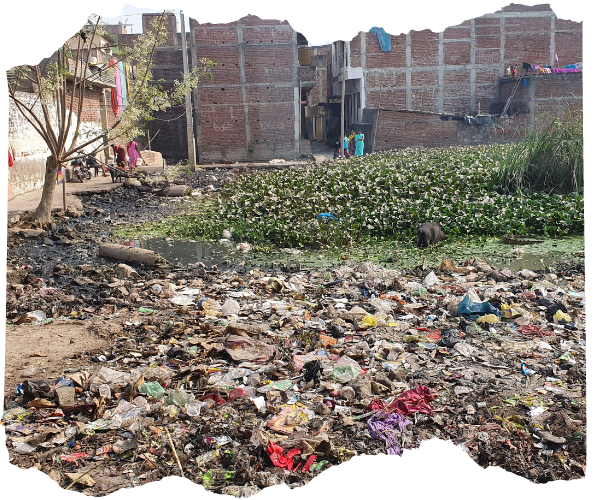 Area in Dalit slum in Bihar with the ground entirely covered with rubbish.