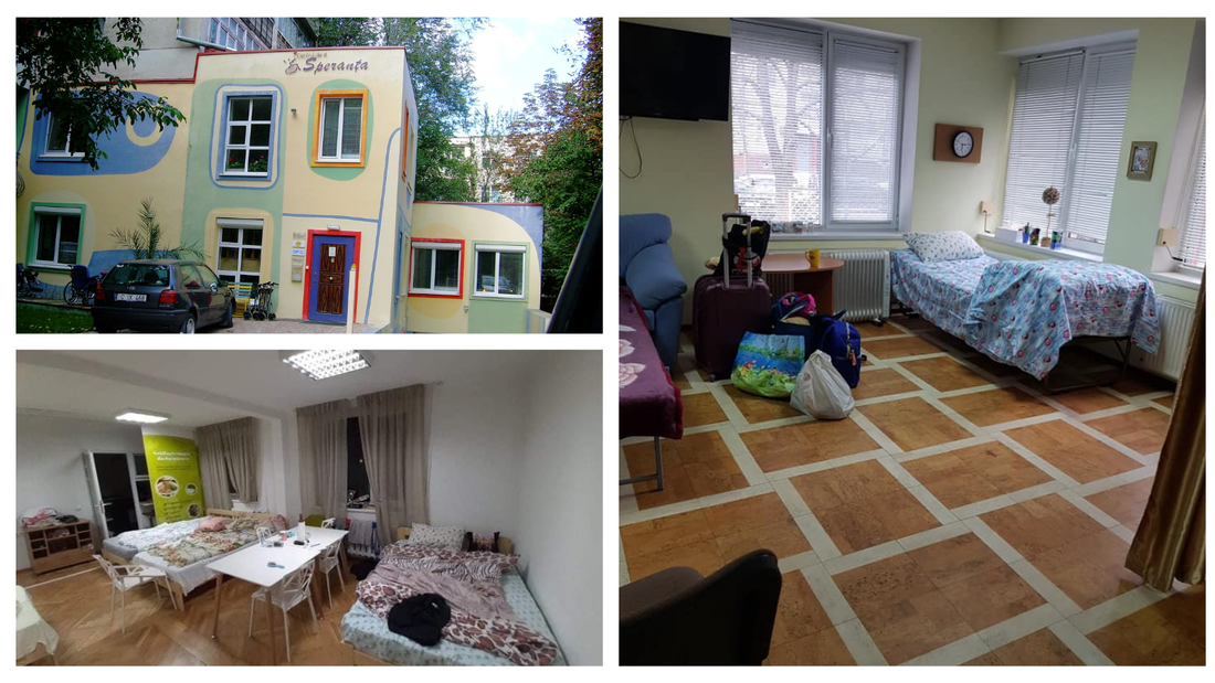 Collage of three pictures showing the front of the 'Speranta ' centre in Moldova, a colourful building, painted yellow, blue and red on the outside. Other images show rooms prepared with beds and chairs and tables for refugees.