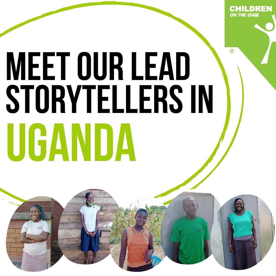 Five Ugandan Storytellers pictured in a white box with the Children on the Edge Logo and 'Meet our lead storytellers' in bold text