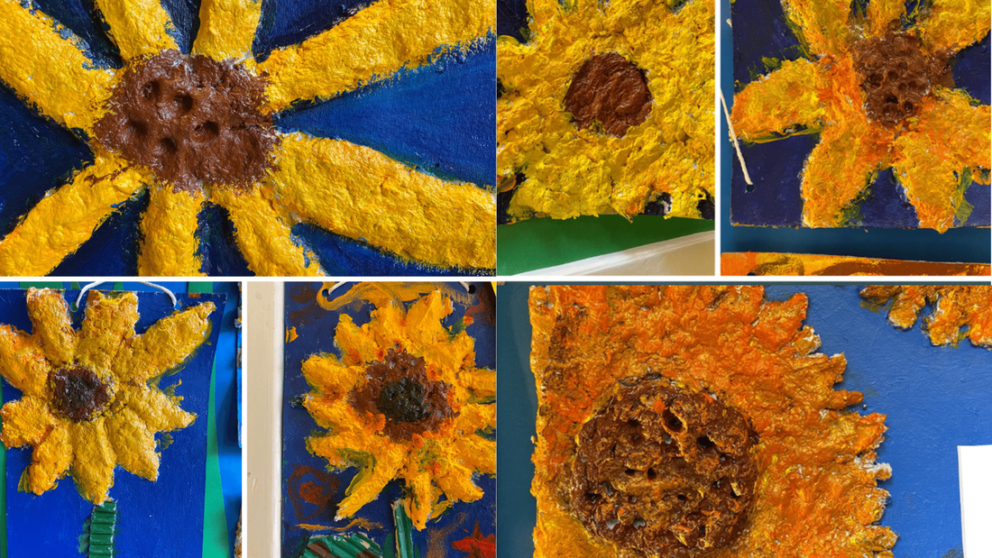 Sunflower artworks created by students at Westbourne House School