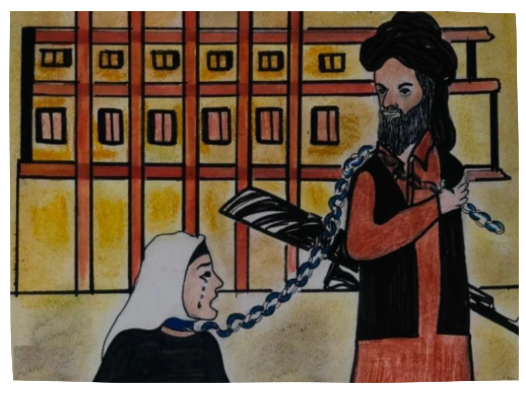 drawing of Taliban member holding gun pulling a woman in headscarf by a chain around her neck