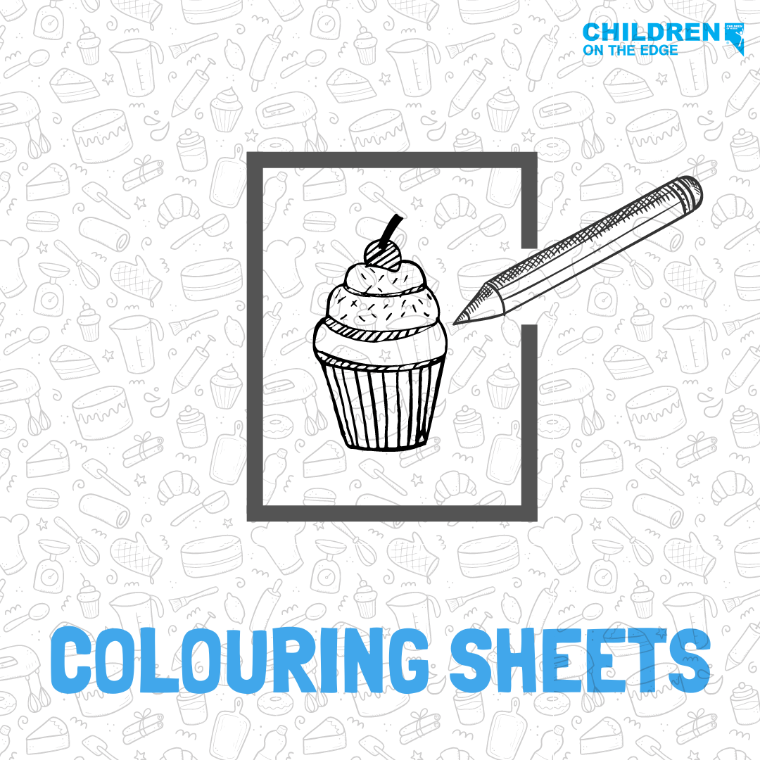 Pencil drawing a cupcake and words colouring sheets