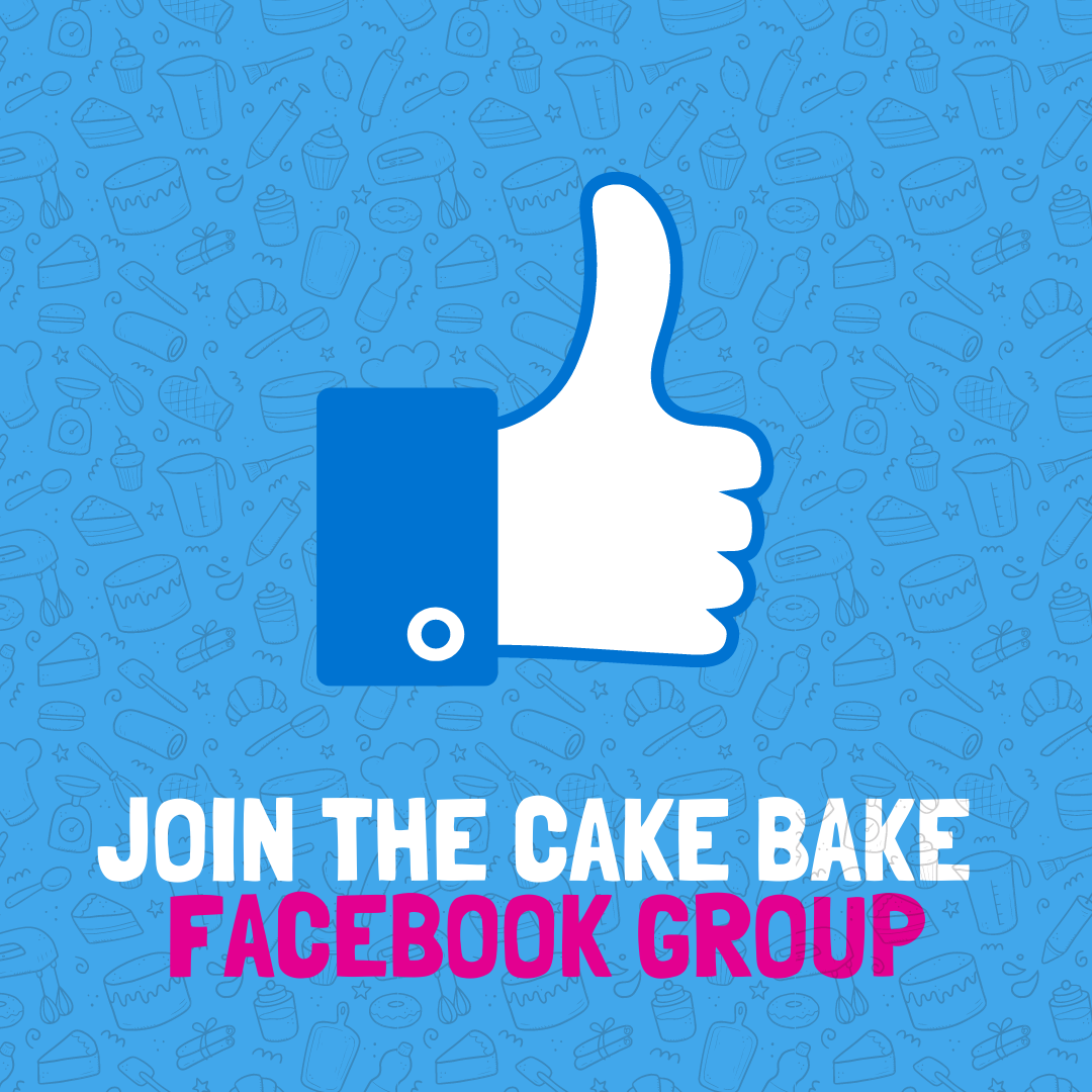 Facebook like icon - thumbs up in the air. With the words join the cake bake facebook group