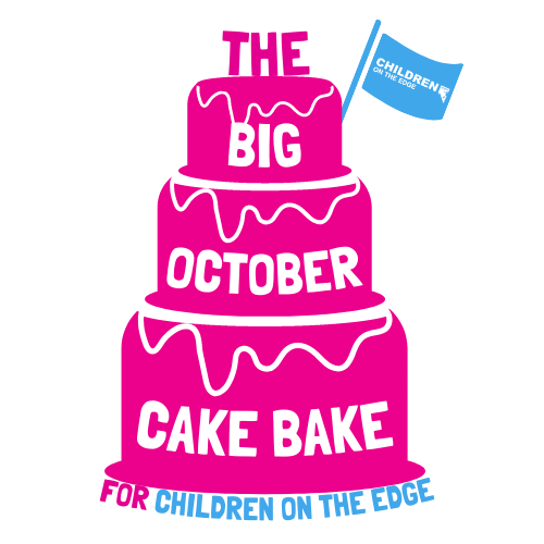 Image of a three tiered magenta cake with the words 'The Big October Cake Bake for Children on the Edge' 